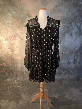 Lovecolette Polka Dot Tie Neck Dress Black Gold Foil Printed Semi Sheer ChiffonS